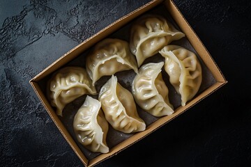 Top View of Fried Dumplings in Open Cardboard Box Takeout Asian Street Food