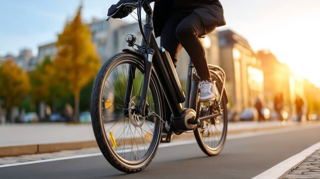 A cyclist effortlessly riding on a bike lane with an electric bicycle. - Powered by Adobe
