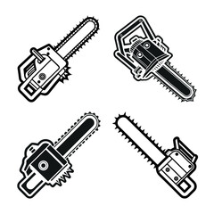 Set of four stylized chainsaw icons in a bold graphic silhouette design on a white background