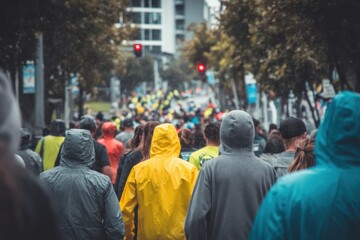 Obraz premium Participants engage in a outdoor activity during a rainy day on a busy street filled with vibrant colors and community spirit