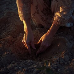 A woman is planting a seed in the dirt