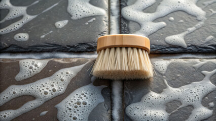 Wet brush cleaning tile grout with foam bubbles and asmr effect for satisfying cleaning experience