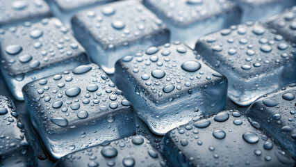 Wet ice cube close up with water droplets creating cool and refreshing asmr effect in blue tone
