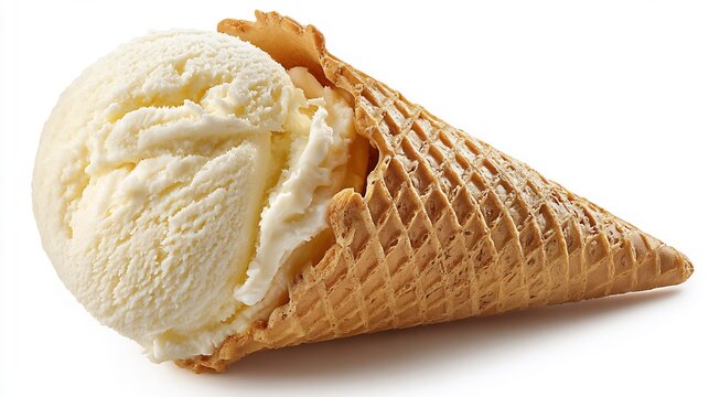 Creamy vanilla ice cream scoop with textured surface in a crunchy waffle cone isolated on plain white background realistic lighting shadowless style - Powered by Adobe
