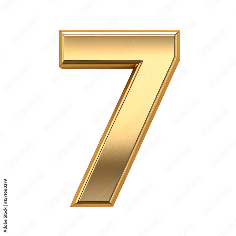 Poster shiny golden number seven with metallic texture isolated on transparent background