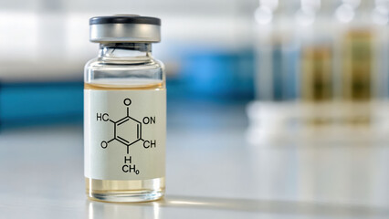 Nicotine chemical formula displayed on clear glass vial with liquid inside in laboratory setting with blurred background and soft lighting
