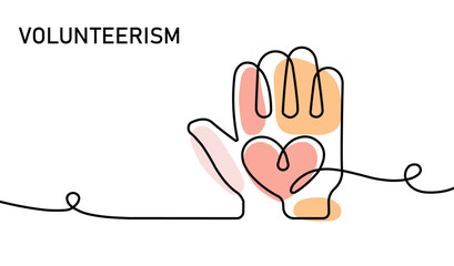 Line art illustration of a hand with a heart shape, symbolizing volunteer efforts and community service. The image conveys themes of charity, kindness, and helping others through universal support