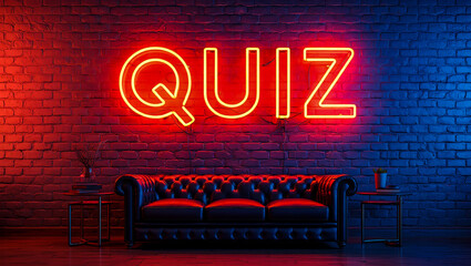 Quiz night neon sign on brick wall with leather couch for trivia and game show background concept