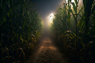 Spooky corn maze path at night.