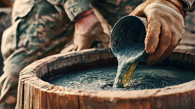 A person in gloves pours dark liquid from a metal cup into a large wooden barrel. - Powered by Adobe