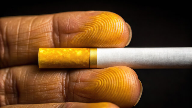 Cigarette held between fingers showing nicotine chemical effects on skin with yellowish discoloration and textured fingerprint details