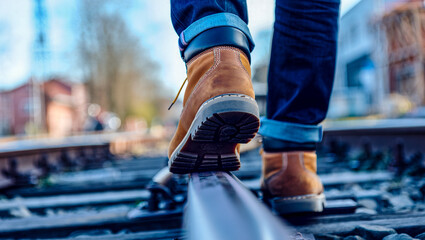 Walking on train tracks with boots a close up shot of footwear and jeans on railroad track outdoors