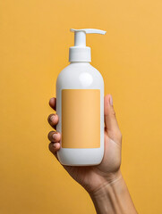 Stock photo of hand holding white bottle of lotion or soap on a yellow background for product mock up
