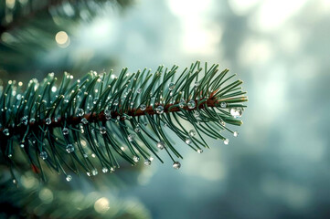 Close-up of a single, vibrant pine branch covered in fresh, glistening dew drops. The needles are a rich, deep green, and the drops reflect tiny facets of the morning light. The background is a soft