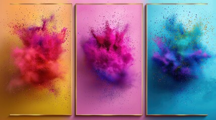 Colorful powder explosion in gold frames; vibrant hues background