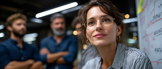 Confident professional woman leads meeting with colleagues