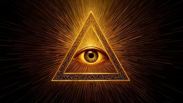 Mystical golden eye inside a glowing triangle radiates powerful energy, symbolizing enlightenment, divine vision, cosmic awareness, secret knowledge, higher consciousness, and spiritual awakening
