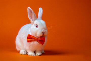 Adorable white rabbit with bow tie on orange background pet photography studio animal portrait cute bunny