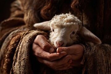 Naklejka premium Gentle hands of Jesus Christ cradling a small lamb in a tranquil setting