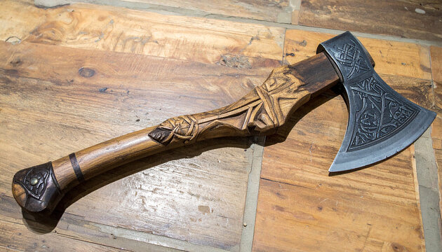 Medieval war axe featuring carved handle and runic symbols etched into gleaming steel.