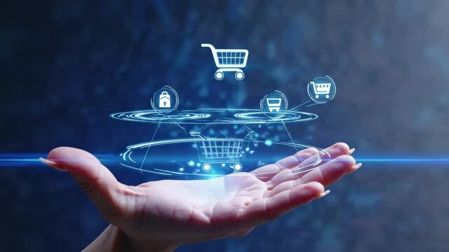 Floating shopping cart hologram over hand connects digital network, virtual commerce shopping data. Cart highlights shopping commerce digital data network interface virtual links shopping cart repeats - Powered by Adobe