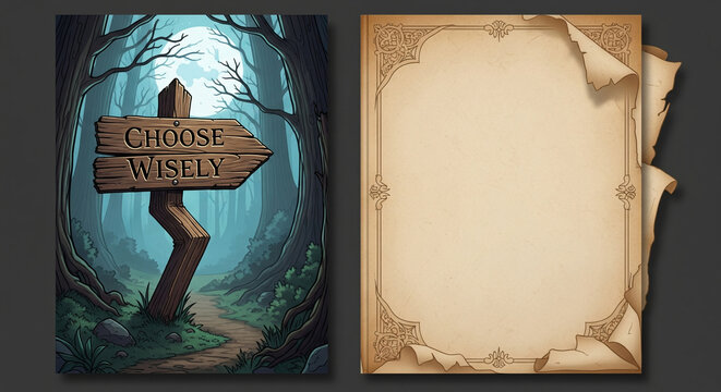Woodland path with a wooden sign pointing toward a wise choice beside a blank medieval parchment