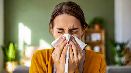 Woman with cold symptoms blowing nose in tissue feeling unwell and needing sickness and allergy treatment