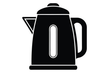 Black kettle illustration with water level indicator, spout, rounded lid, and handle