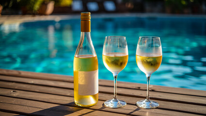 White wine bottle and glasses by the pool for summer relaxation and vacation vibes, luxury lifestyle