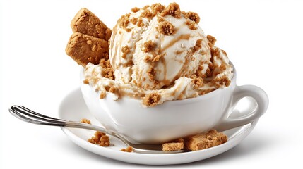 Biscoff cookie flavored ice cream crushed cookie topping in a ceramic cup isolated white studio view