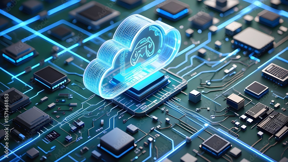 Poster a cloud computing concept design over the electronic circuit board.