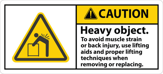 Caution Heavy Object Use Lifting Aids Label. Heavy Object Use Lifting Aids  sign, logo, badge, icon, sticker, label, emblem, stamp, symbol, black, line, flat vector, isolated illustration.