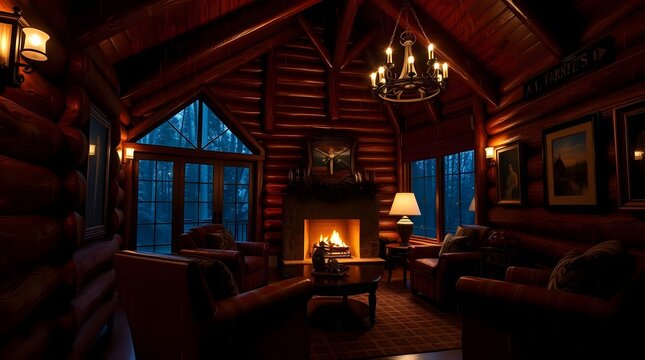 Cozy log cabin interior with a warm fireplace and soft lighting during twilight hours