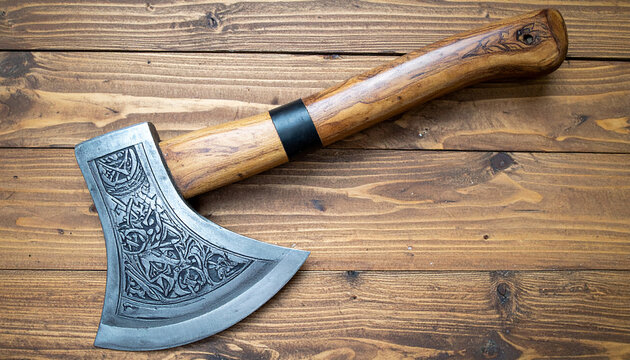 Medieval war axe featuring carved handle and runic symbols etched into gleaming steel.