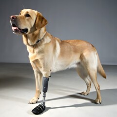 Labrador Retriever with Prosthetic Leg. A resilient dog with a custom-fit artificial limb. Symbolizing hope and advanced veterinary care.