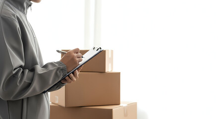 Courier in uniform checking delivery boxes with manual checklist, ideal for shipping and logistics-themed designs and business marketing materials