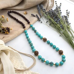 Unique Turquoise and Wooden Beaded Necklace. Features intricate gold spacer beads. A stylish bohemian-inspired statement piece.