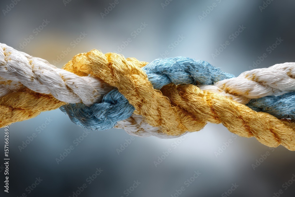 Poster collective effort of integration and unity through intricately woven ropes showcasing teamwork and c
