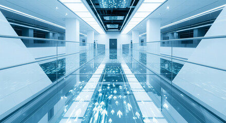 Fototapeta premium Modern interior features a bright hallway with glass railings and unique directional floor design.