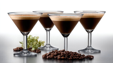 Set of four smoky espresso martini cocktails with creamy foam, coffee beans, and green flower on reflective surface