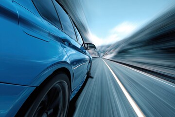 Fototapeta premium Blue car speeds along highway with blurred background showcasing motion and dynamic driving experience under bright sky