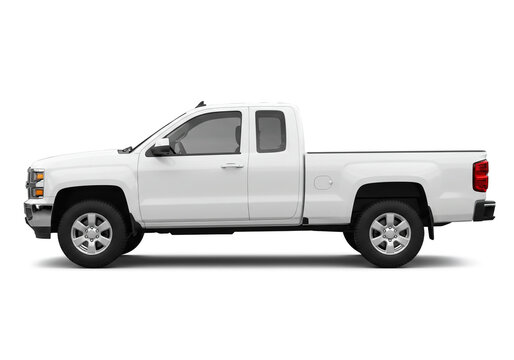 Side view of a white silverado pickup truck isolated on a white background in a studio shot