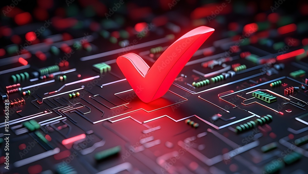 Poster red check mark on a circuit board.