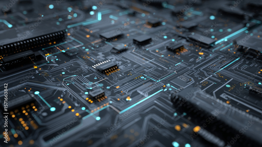 Poster abstract grey high tech background consisting of printed circuit board circles and other technologic