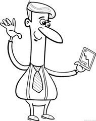 Cartoon businessman waving hello while holding a tablet with a downward trending graph