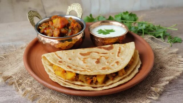 indian stuffed paratha with pickle and yogurt video	
