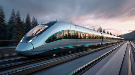 Fast modern express passenger train no high speed railway in hyperloop moving from flash light. Futuristic technology, hi tech future digital transport, hyperloop concept. Low pole 3d abstract