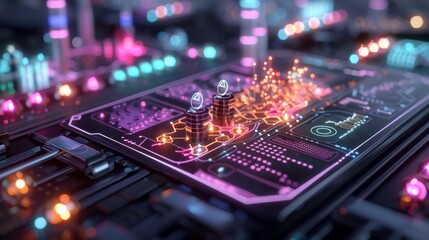 Fototapeta premium Futuristic Technology Display: Neon Circuits, Data Processing, and Cybernetic Innovation Unveiled in Vivid Detail.