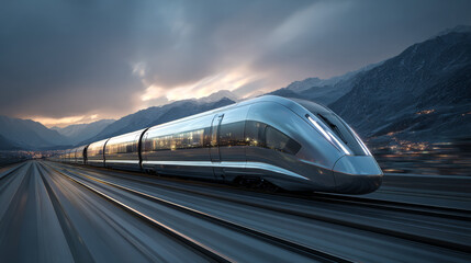 Fast modern express passenger train no high speed railway in hyperloop moving from flash light. Futuristic technology, hi tech future digital transport, hyperloop concept. Low pole 3d abstract