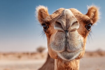 Funny portrait of a camel in the desert showing its quirky expressions while basking in the sun against a clear blue sky